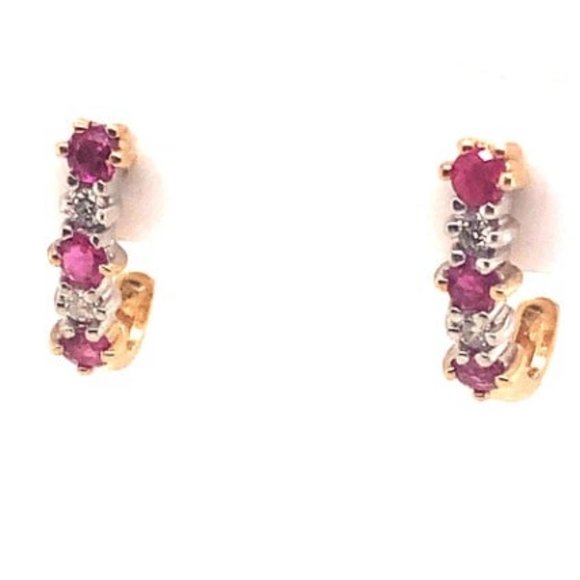 Diamond and Ruby 14K Yellow Gold Huggie Earrings